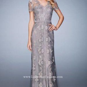 LA FEMME EVENING Gown Grey  Dress 21897 Mother of the Bride Lace Train 12 used